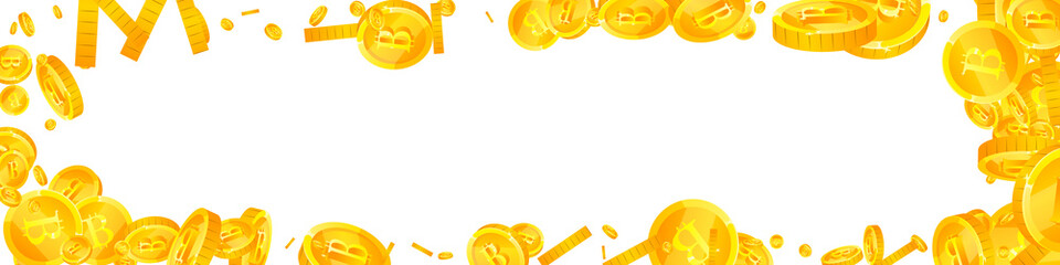 Bitcoin, internet currency coins falling. Classy scattered BTC coins. Cryptocurrency, digital money. Interesting jackpot, wealth or success concept. Vector illustration.