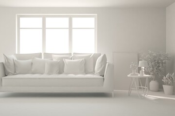 Mock up of minimalist living room in white color with sofa. Scandinavian interior design. 3D illustration