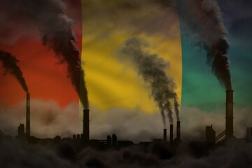 Naklejka premium Global warming concept - dense smoke from industry pipes on Guinea flag background with place for your logo - industrial 3D illustration