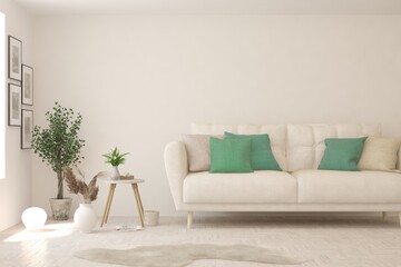 Modern living room in white color with sofa. Scandinavian interior design. 3D illustration