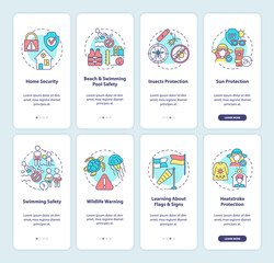 Planning summer vacation onboarding mobile app page screens set. Summertime safety walkthrough 4 steps graphic instructions with concepts. UI, UX, GUI vector template with linear color illustrations