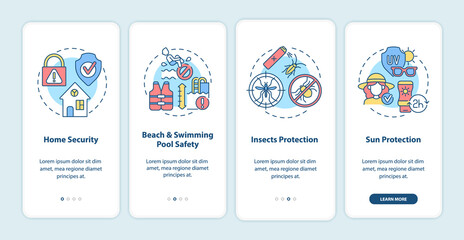 Summer vacation safety onboarding mobile app page screen. Insects protection walkthrough 4 steps graphic instructions with concepts. UI, UX, GUI vector template with linear color illustrations