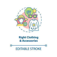 Right clothing, accessories concept icon. Heatstroke prevention abstract idea thin line illustration. Wear wide-brimmed hat. Breathable fabrics. Vector isolated outline color drawing. Editable stroke