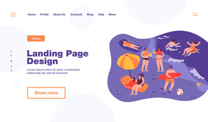 People enjoying various summer activities on beach, swimming, surfing, sitting under umbrella. Tourists relaxing at sea. Vector illustration for vacation, leisure on ocean coast concept