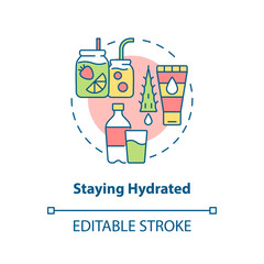 Fototapeta na wymiar Staying hydrated concept icon. Heatstroke prevention abstract idea thin line illustration. Eating water-rich foods. Drinking large water amounts. Vector isolated outline color drawing. Editable stroke
