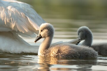 Cygnets on the water during sunset