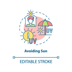 Avoiding sun concept icon. Heat exhaustion risk reducing abstract idea thin line illustration. Staying at home during peak sun hours. Vector isolated outline color drawing. Editable stroke