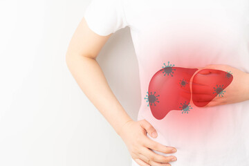 World hepatitis day concept. Woman suffering from abdominal pain with liver viral infection symbol. Awareness of prevention and treatment viral hepatitis that causes liver cancer. - obrazy, fototapety, plakaty