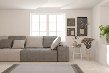 Soft color living room with sofa. Scandinavian interior design. 3D illustration