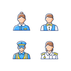 Cruise staff RGB color icons set. Isolated vector illustrations. Providing interesting voyage on big ship. Helping passengers during trip. Ocean tourism simple filled line drawings collection