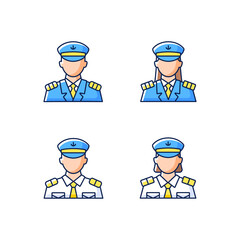 Cruise crew RGB color icons set. Isolated vector illustrations. Organisation of comfortable trip for tourists. Providing service for passengers. Helping visitors simple filled line drawings collection