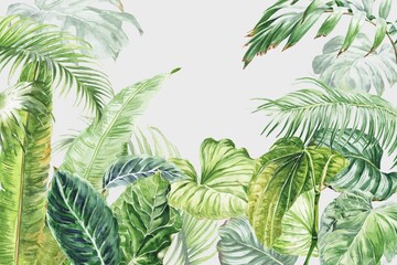 Watercolor tropical wall mural with palm tree leaves. Watercolour illustration.