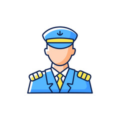 Male captain RGB color icon. Isolated vector illustration. Person controling all cruise crew. Providing best service for customers. Providing best service simple filled line drawing