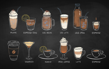 Coffee drinks on chalkboard background