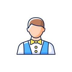 Fototapeta premium Waiter and barman RGB color icon. Isolated vector illustration. Serving foods in restaurants and dining rooms. Making meals for passengers during vacation simple filled line drawing