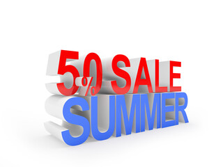 Summer sale text with 50 percent discount on white. 3d illustration 