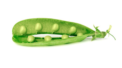 pod of green peas isolated on white background. open pod and small peas.