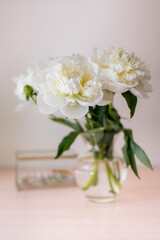 Bouquet of beautiful peony. Copy space. International Women's Day celebration. White wall background. Scandinavian interior.	