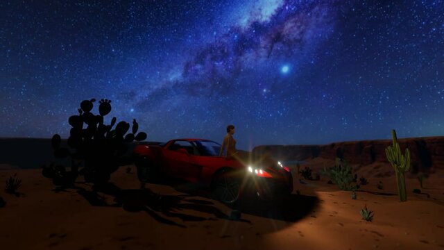 Sexy woman sitting on top of a sport car in desert against starry sky, 4K