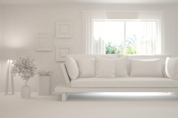 Mock up of stylish room in white color with sofa and green landscape in window. Scandinavian interior design. 3D illustration