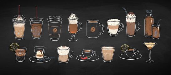 Coffee drinks on chalkboard background - obrazy, fototapety, plakaty