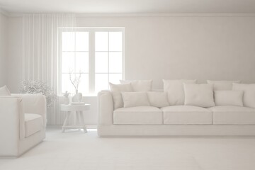 White minimalist living room with sofa. Scandinavian interior design. 3D illustration