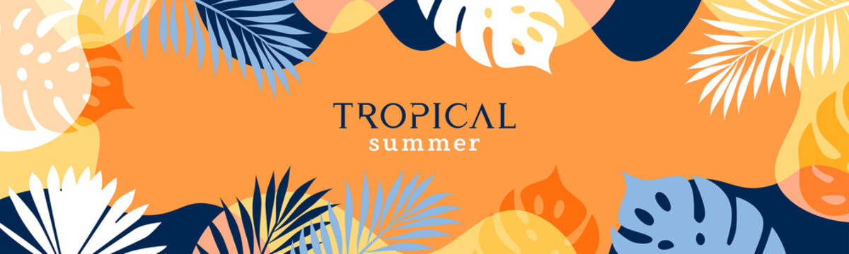 Summer background with tropical leaves and plants in orange, yellow and deep blue colors. Modern minimalist style. Design template for sale, horizontal poster, header, cover, social media, fashion ads