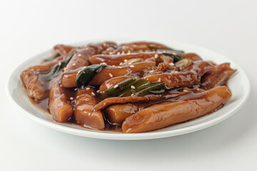 Jjajang Tteokbokki on a white background