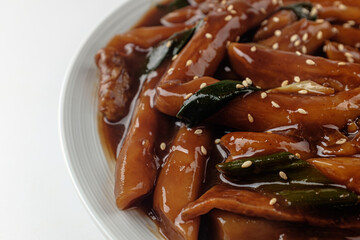 Jjajang Tteokbokki on a white background