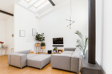 TV, pants and grey lounge furniture in spacious living room interior