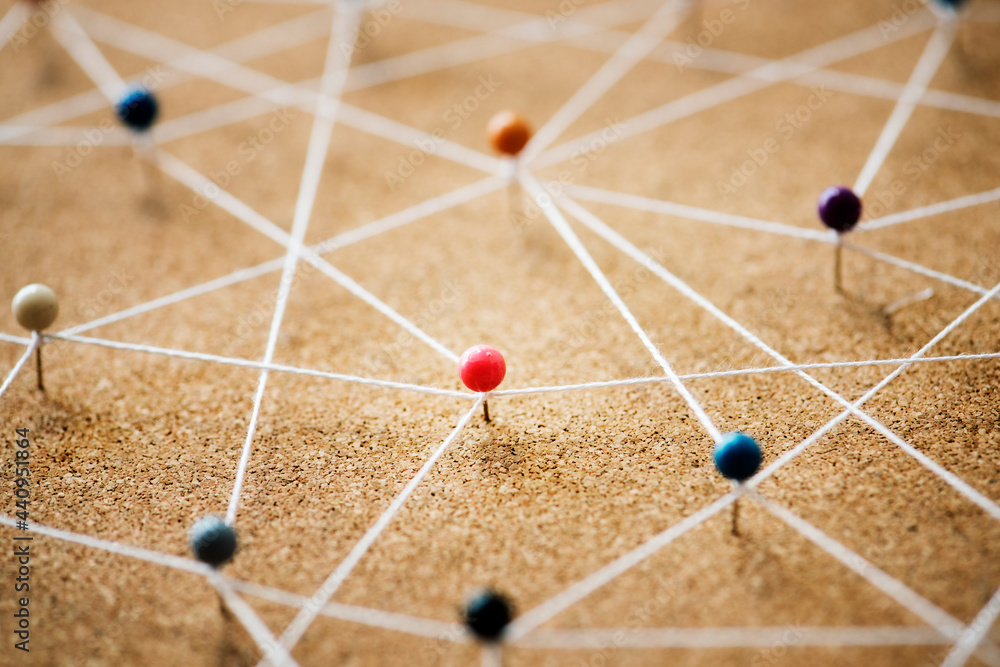 Wall mural push pins connected linear network background