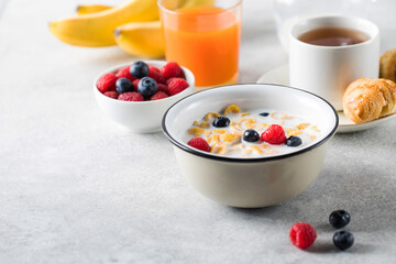 Cornflakes with berries and milk. Dry breakfast. Copy space.