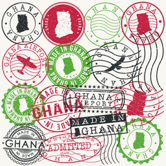 Ghana Set of Stamps. Travel Passport Stamps. Made In Product Design Seals in Old Style Insignia. Icon Clip Art Vector Collection.