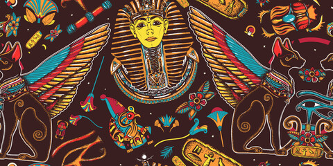 Ancient Egypt. Egyptian art. Tutankhamen. Seamless pattern. Golden king pharaoh, two winged black cats, sacred eye of god Horus