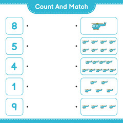 Count and match, count the number of Helicopter and match with the right numbers. Educational children game, printable worksheet, vector illustration