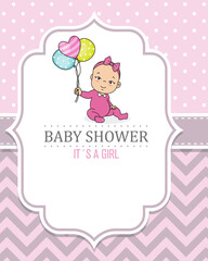 Baby shower card. Girl sitting with balloons in hand