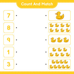 Count and match, count the number of Rubber Duck and match with the right numbers. Educational children game, printable worksheet, vector illustration