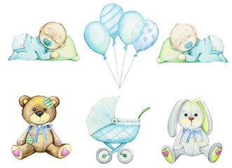 Bear, bunny, baby, balloons, stroller. Watercolor, set, for a holiday, a newborn, in a cartoon style.