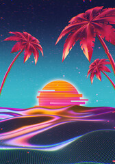 Retro futuristic illustration in 1980s style. Spectral terrain with vivid palm trees in front of cyber laser sunset. Neon light colored a4 background for flyer, cover, brochure.