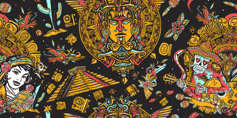 Skeleton with guitar and mexican woman. Seamless pattern. Mexico. Ancient mayan pyramids, and totem. National culture and people. Old school tattoo vector background