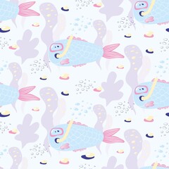 Funny cartoon fish in underwater mask among algae and stones. Seamless vector pattern with cartoon blue fish underwater. For children's textiles, wallpaper or wrapping paper.