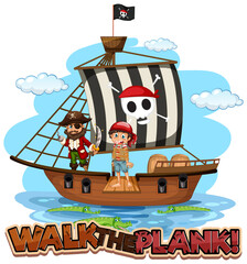 Walk The Plank font banner with pirate cartoon character