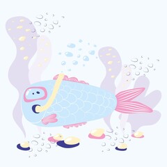 Cartoon funny blue fish underwater in an underwater mask among the bubbles. Underwater world and animals. Vector illustration in pastel color. Flat design for children.