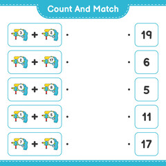 Count and match, count the number of Water Gun and match with the right numbers. Educational children game, printable worksheet, vector illustration