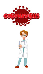 Coronavirus font design with a doctor man isolated on white background