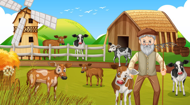 Farm at daytime scene with old farmer man and farm animals
