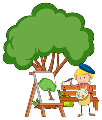 Little artist drawing a tree picture isolated on white background
