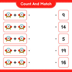 Count and match, count the number of Ufo and match with the right numbers. Educational children game, printable worksheet, vector illustration