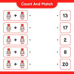 Count and match, count the number of Robot Character and match with the right numbers. Educational children game, printable worksheet, vector illustration