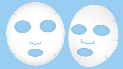 White facial sheet mask isolated on blue background.Mock up template.Cosmetic for makeup.Front and side view.Illustrations for advertisements.Realistic vector illustration.Sign, symbol, icon or logo.